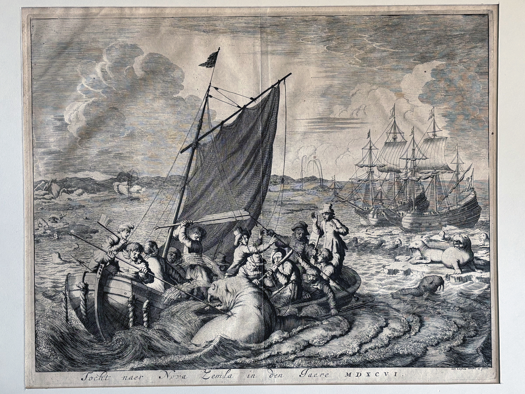 Gravure XVIIe : Expédition arctique et chasse au morse en 1596