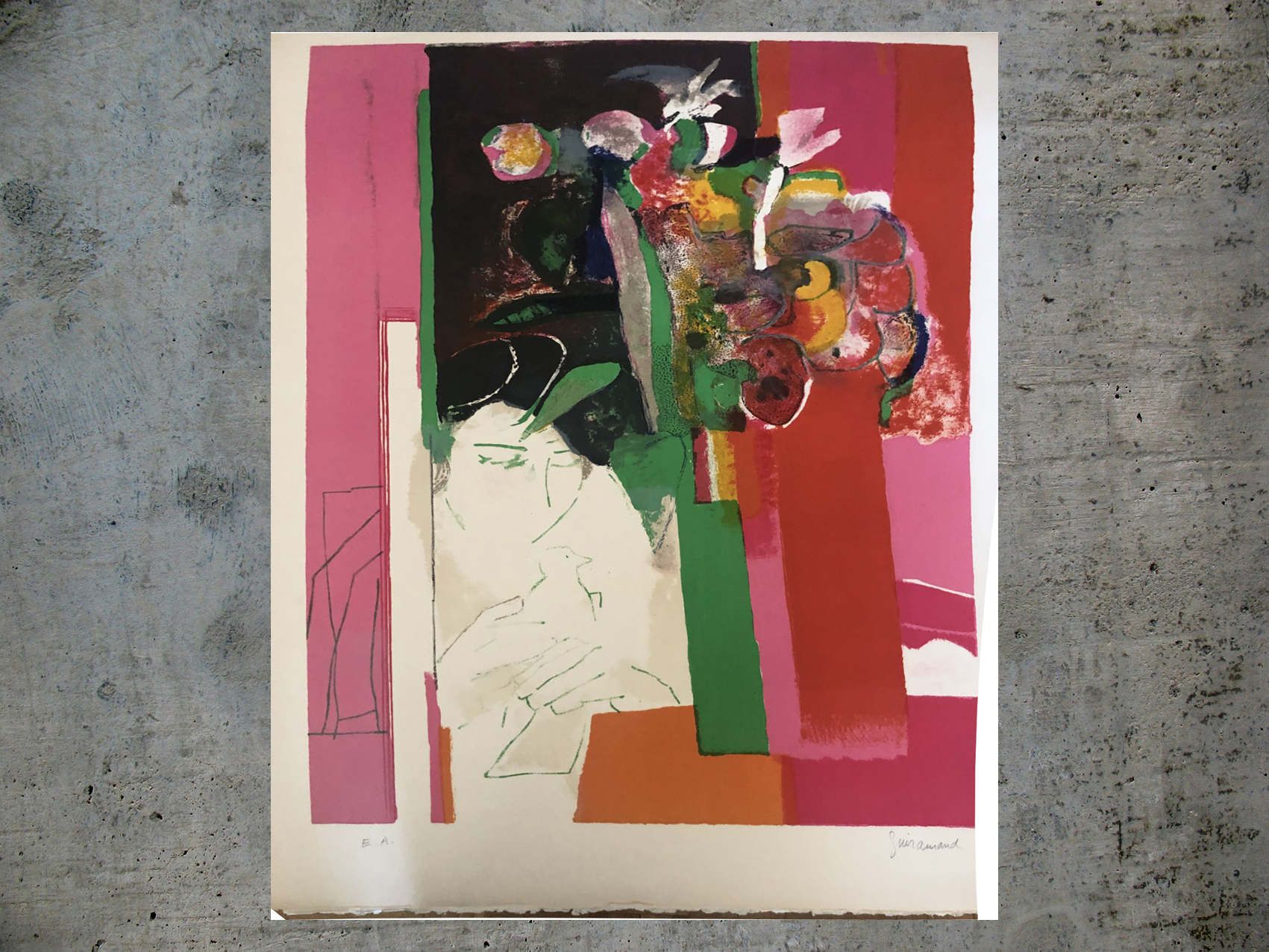 Femme à oiseau lithographie de Paul Guiramand : Femme à oiseau, lithographie de Paul Guiramand