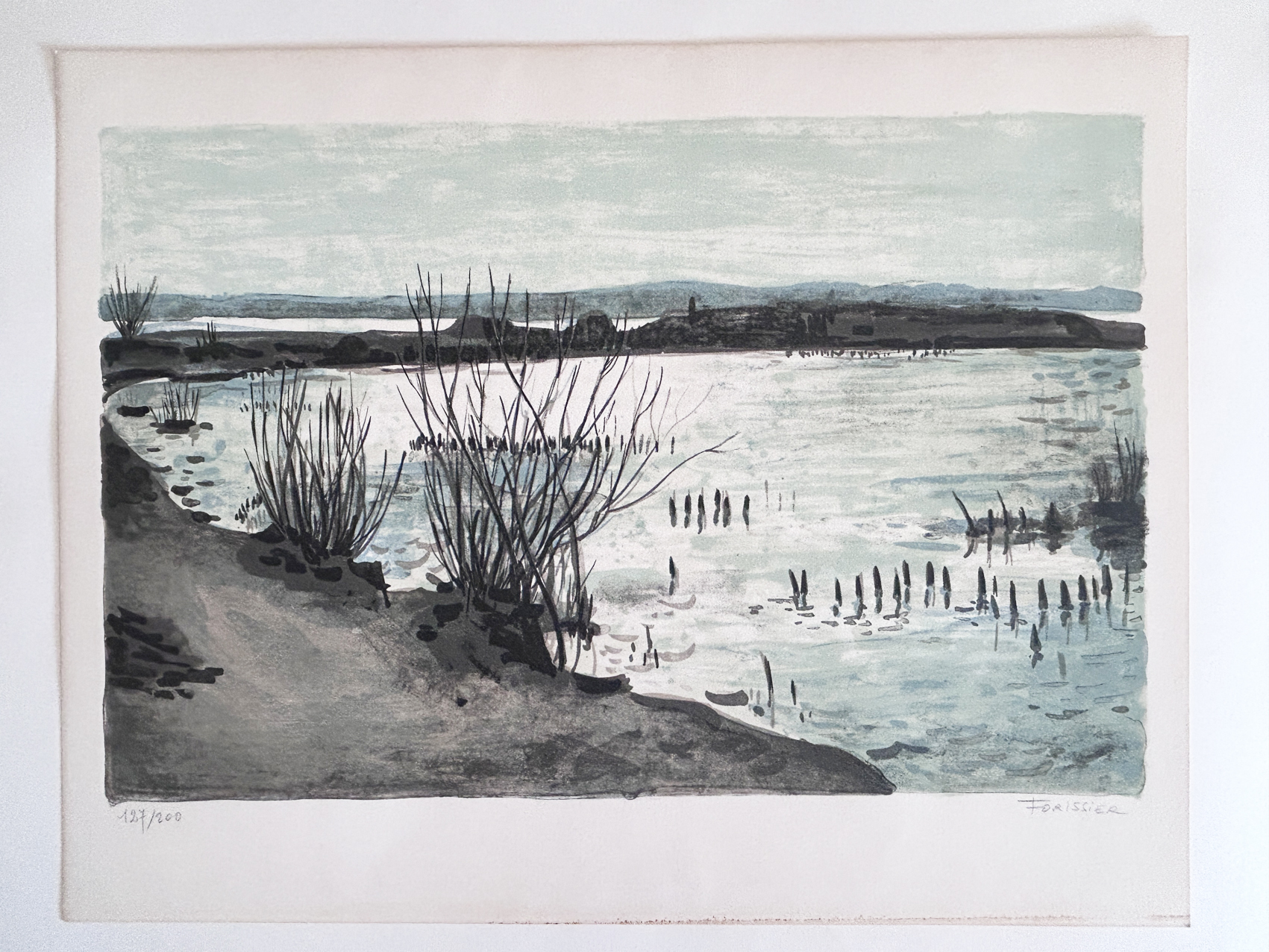 Paysage lacustre lithographie de Roger Forissier