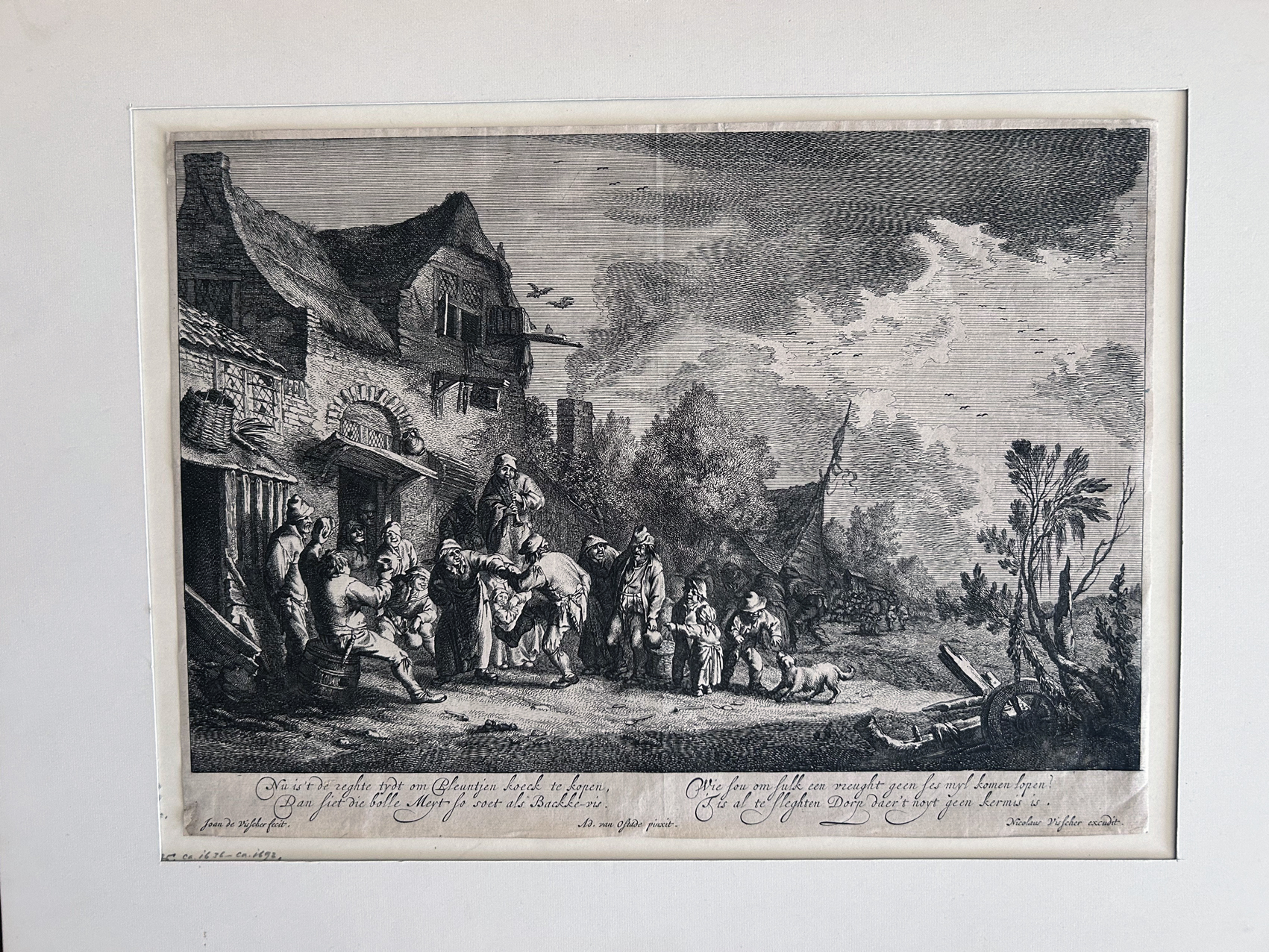 Gravure XVIIIe : Scène de village animée