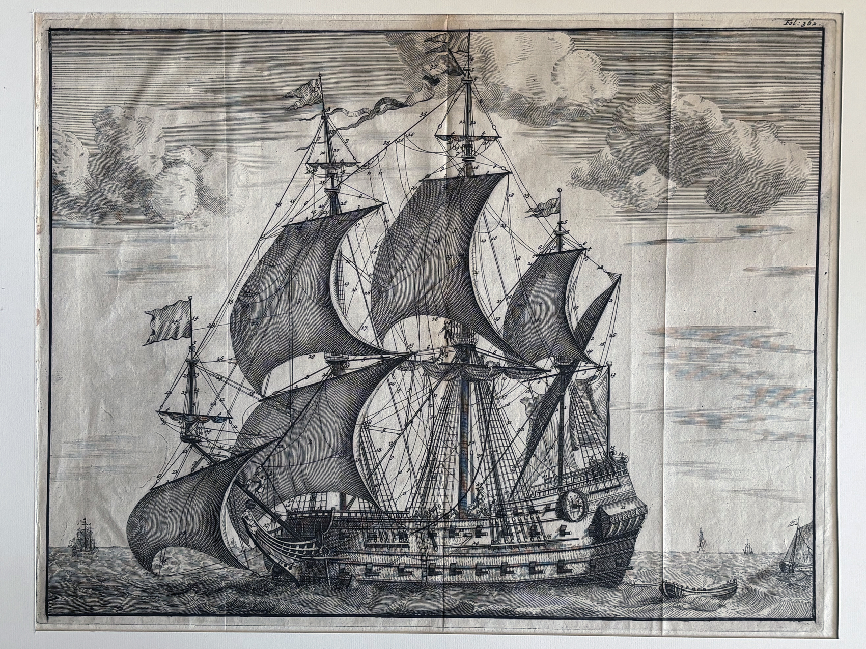 Gravure XVIIIe : Vaisseau de ligne en pleine voilure